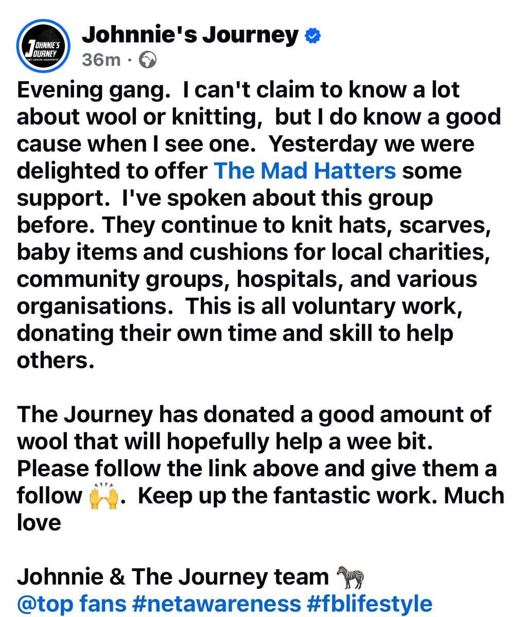JMeeksJourney's tweet photo. Tonight’s update from Johnnie.. East Lothian based ‘The Mad Hatters’ received our donation of wool yesterday. Such an amazing wee group that work so hard! If anyone wants to donate wool please contact them on fb or us here and we can give you the details #dogoodthings 🦓🤍🖤 https://t.co/jeXVPHc4tD