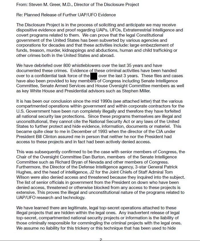 Cortex_Zero's tweet photo. 📢 Breaking News: Dr. Steven Greer has released a June 29 letter putting the U.S. government on a 60-day clock.

In a letter to officials in the United States government, @DrStevenGreer says The Disclosure Project intends to solicit and publicly release what he describes as “hard evidence” related to UAPs, reverse-engineering programs, biological evidence, and alleged illegal covert operations unless officials respond in writing by August 29, 2026.

He claims more than 800 whistleblowers have been debriefed over 35 years, and says evidence has already been provided to members of Congress and a confidential task force.

Greer also argues that any UFO programs operating outside constitutional authority are not entitled to national security protection.

Important caveat: the letter itself does not release new evidence.

But it does make a clear public claim: respond within 60 days, or The Disclosure Project says it will move toward releasing what it has.

The question then becomes this: Was this just a bluff by Greer and his team, or does this have real merit? #ufox #ufotwitter