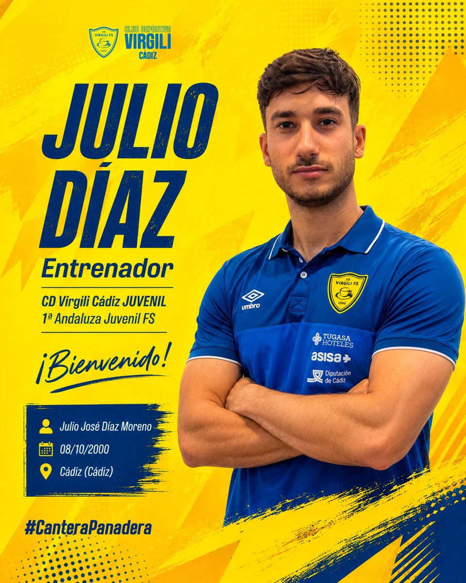 CDVirgiliCadiz's tweet photo. 📝 OFICIAL | Julio Díaz será el entrenador del Juvenil de 1ª Andaluza del CD Virgili Cádiz.

Juventud, preparación y conocimiento del fútbol sala gaditano para seguir formando jugadores con identidad, ambición y futuro.

Bienvenido, @JulitoDM8. 💛💙

🔗 https://t.co/r4QxP2U90V https://t.co/ST63j03qUk