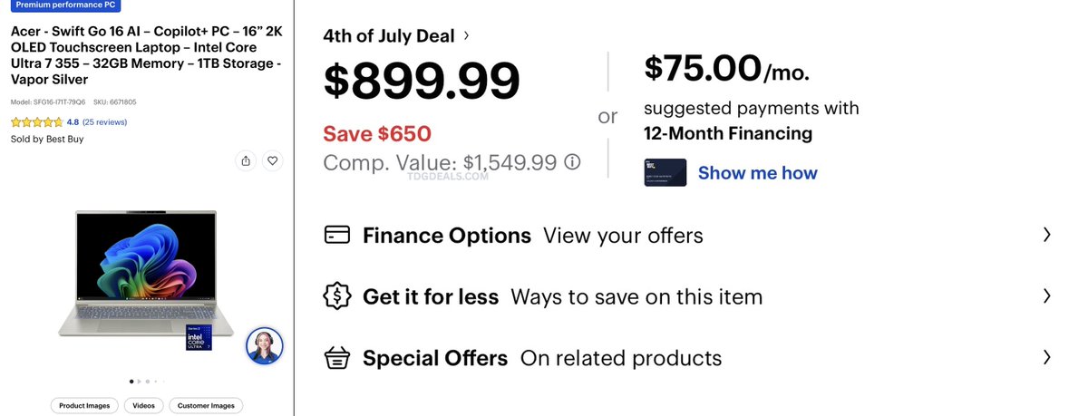 thedealsguy_'s tweet photo. Acer Swift Go 16 AI is down to $899.99 at Best Buy (Reg. $1,549.99).

• Intel Core Ultra 7 355
• 32GB RAM
• 1TB SSD
• 16” 2K OLED Touchscreen

That’s $650 off (42% off) on a premium productivity laptop.

https://t.co/D5PFRl7S3d

#BestBuyPartner #ad https://t.co/De93fHQvco
