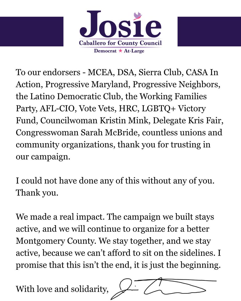 JosieForMD's tweet photo. I am incredibly proud of the work and community this campaign has built. To everyone who volunteered, worked, and donated to my campaign - you have my eternal gratitude. We made a real impact. The campaign we built stays active, and we will continue to organize for a better MoCo. https://t.co/0YnyvMwyTE