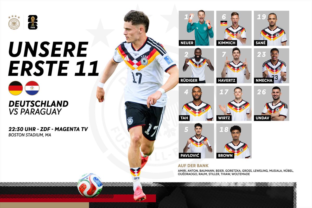 DFB_Team's tweet photo. Für Deutschland! 🇩🇪 Das ist unsere Startelf gegen Paraguay 👇️

#fifaworldcup #dfbteam 📸 GES https://t.co/uxcUHWWFfh