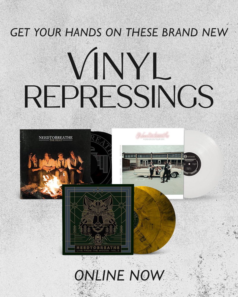 NEEDTOBREATHE's tweet photo. It’s been 20 years since the release of Daylight, our first studio album as NEEDTOBREATHE. We can't even believe it. Whether you joined our journey on Daylight or jumped in on The Long Surrender, we are so grateful for you being here.

To celebrate this anniversary, we have restocked NEED CO., the official web store of NEEDTOBREATHE, with vinyl for each record from our catalogue. We even have three new pressings: 

Forever On Your Side on White Vinyl, Live From The Woods, Vol. 2 on Amber Wave, and The Heat on Laser Etched Art (Standard Black Colorway).

Head to https://t.co/e1V3bqKQdA to check it out.
