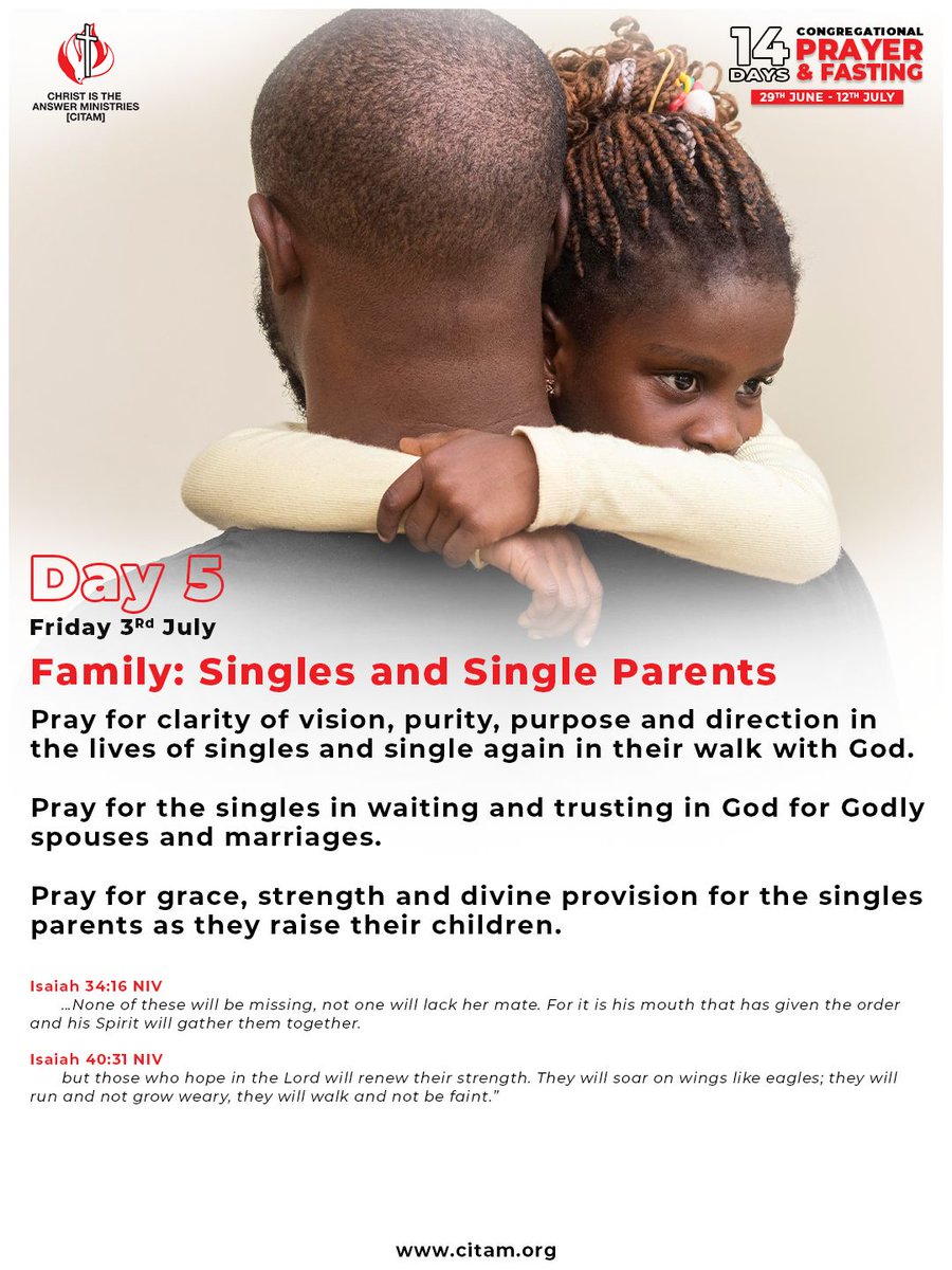 CitamVrdKE's tweet photo. Here are the prayer points for Day 5 of the 14 days of Congregational Prayer and Fasting.

Almighty God, we pray today that You will guide the lives of all the singles and single parents.

#14daysofprayerandfasting #congregationalprayerandfasting #IsAnythingTooHardForTheLord https://t.co/e69Pj7Qo84