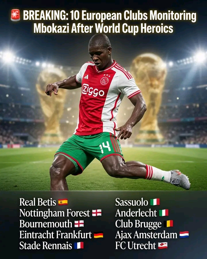 MrksPSLClub's tweet photo. 🚨 𝗕𝗥𝗘𝗔𝗞𝗜𝗡𝗚: Europe is taking notice of Mbekezeli Mbokazi! 🌍🇿🇦

After a magnificent FIFA World Cup campaign, the 20-year-old South African defender is reportedly being monitored by 10 European clubs:

🇪🇸 Real Betis
🏴󠁧󠁢󠁥󠁮󠁧󠁿 Nottingham Forest
🏴󠁧󠁢󠁥󠁮󠁧󠁿 Bournemouth
🇩🇪 Eintracht Frankfurt
🇫🇷 Stade Rennais
🇮🇹 Sassuolo Calcio
🇧🇪 Anderlecht
🇧🇪 Club Brugge
🇳🇱 Ajax Amsterdam
🇳🇱 FC Utrecht

Mbokazi’s fearless performances have put him firmly on the European radar. 

A big move could be just around the corner for one of South Africa’s brightest young stars. 🇿🇦⭐