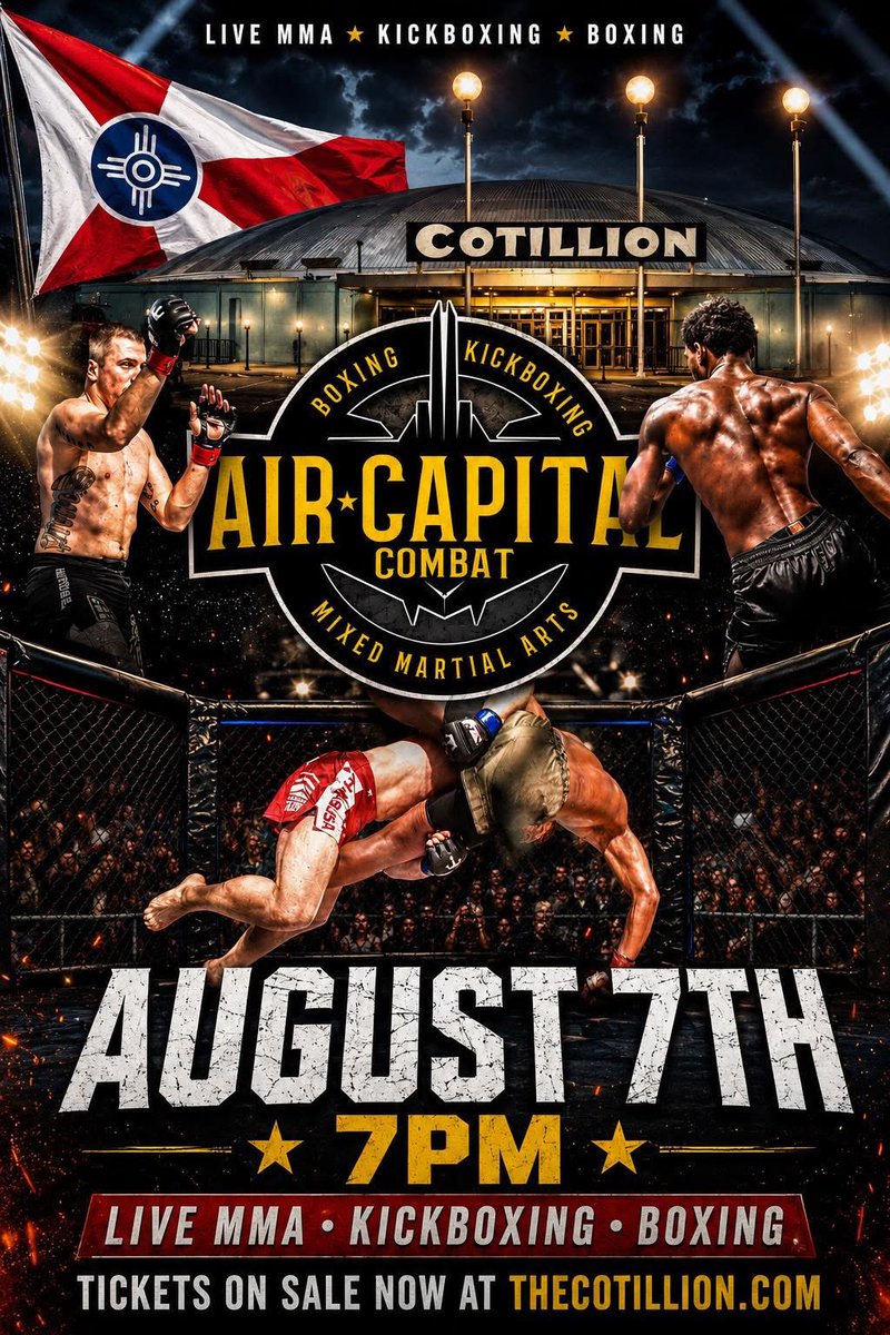 TheCotillion's tweet photo. 💥 1 MONTH AWAY 💥
Air Capital Combat back at The Cotillion on August 7th!
Get tickets NOW at https://t.co/PVWSLcgudr 🎟️ https://t.co/Yd7qylMCZ8
