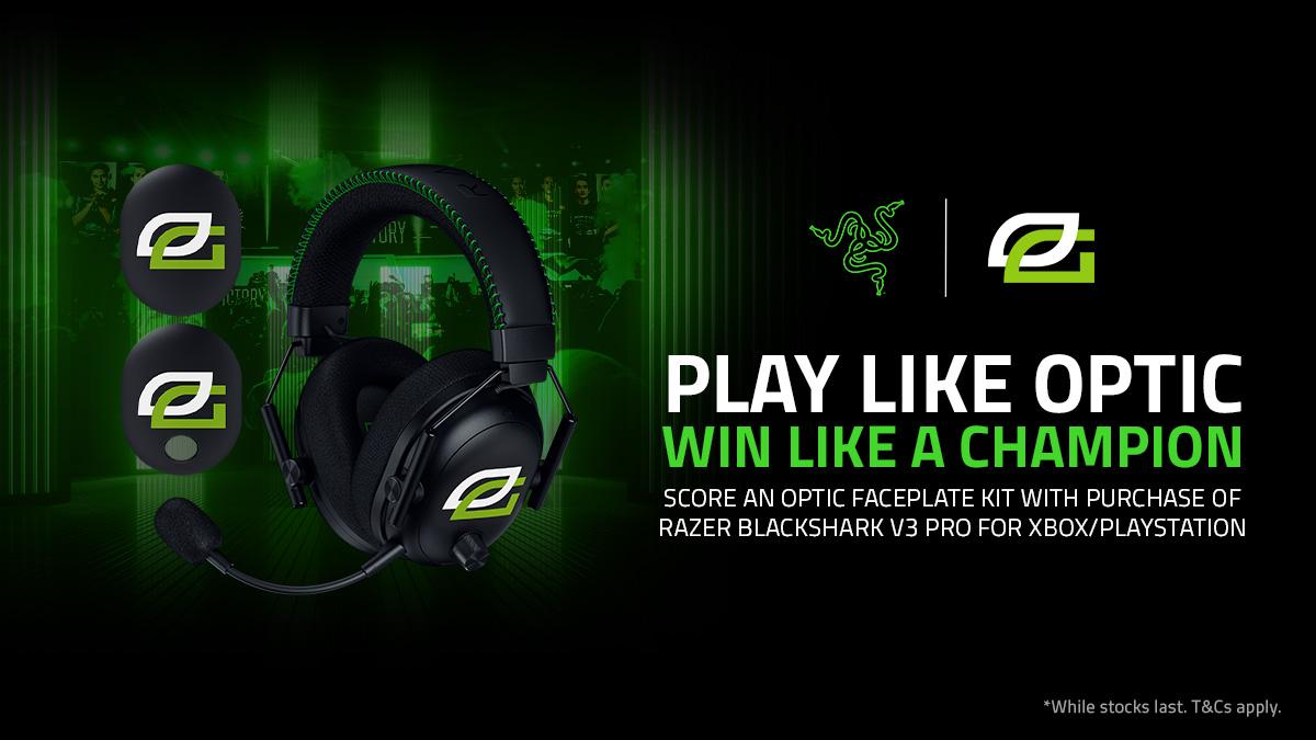 TeamRazer's tweet photo. Play like OpTic and win like a Champion. With the same crisp, clear audio the pros trust, no stage is too big.

Use code OPTIC at checkout when you purchase any Razer BlackShark V3 Pro for Xbox or for PlayStation to score your exclusive OpTic faceplate kit: https://t.co/KLXVUvH0Ez