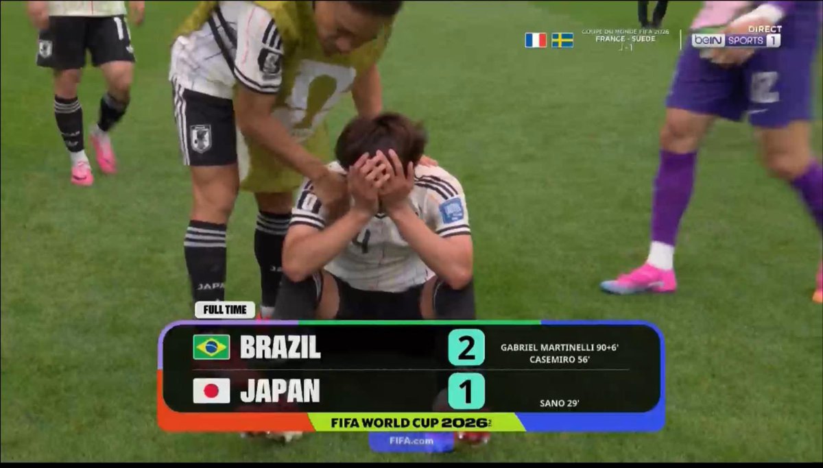 Honorablefip's tweet photo. FT Scores: Brazil 2-1 Japan

Chai, football dey somehow oo, despite di chalk board and di tactics wey Japan carry come this Worldcup dem don still commot for round of 32.

Lowkey I want make Japan reach final but this is football.

Goodbye to them, if their driver sabi dem fit still meet South Africa for road.