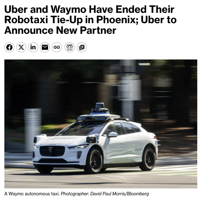 wallstengine's tweet photo. $UBER has wound down its Waymo robotaxi offering in Phoenix.

Uber said Phoenix was an intentionally limited deployment with just over a dozen vehicles, while Waymo said the program completed hundreds of thousands of trips.

Uber plans to announce a new Phoenix robotaxi partner in the future.