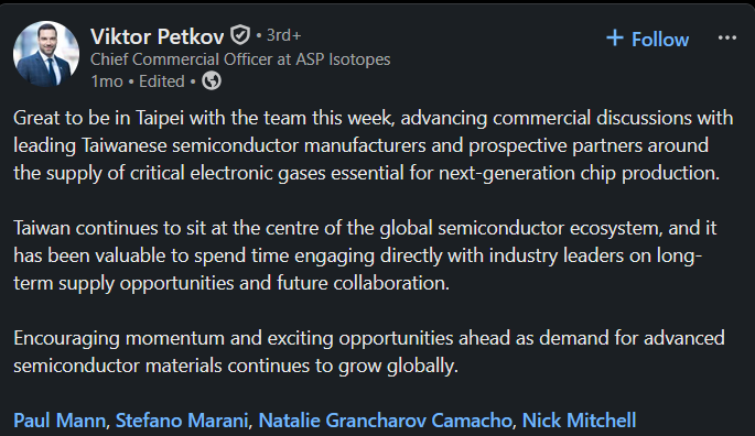 wakerife123's tweet photo. @SemiAnalysis_ Any thoughts on Si-28 for non-quantum applications? Only commercial producer in form of silane $ASPI anticipated to supply $INTC. +150% thermal conductivity when converted to nanowires for transistors. Recently visited Taiwan &amp; just hired ex-Intel director of engineering for 18a https://t.co/iciKWMqUa3
