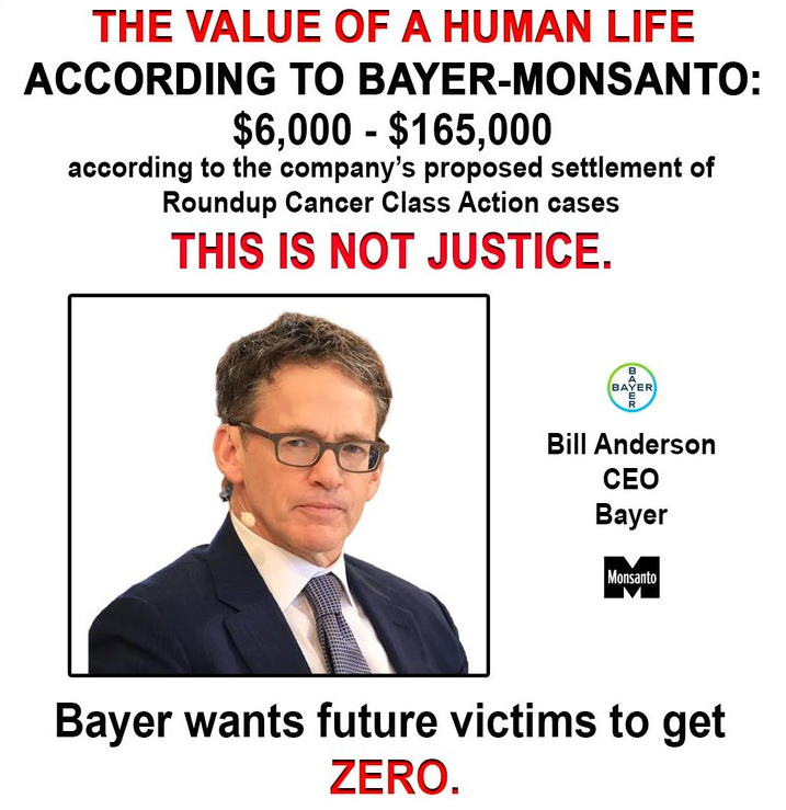 GMOFreeUSA's tweet photo. What's the value of a human's life? Bayer’s payouts suggest it’s worth less than a season of their advertising. https://t.co/QYwJvpOfzh