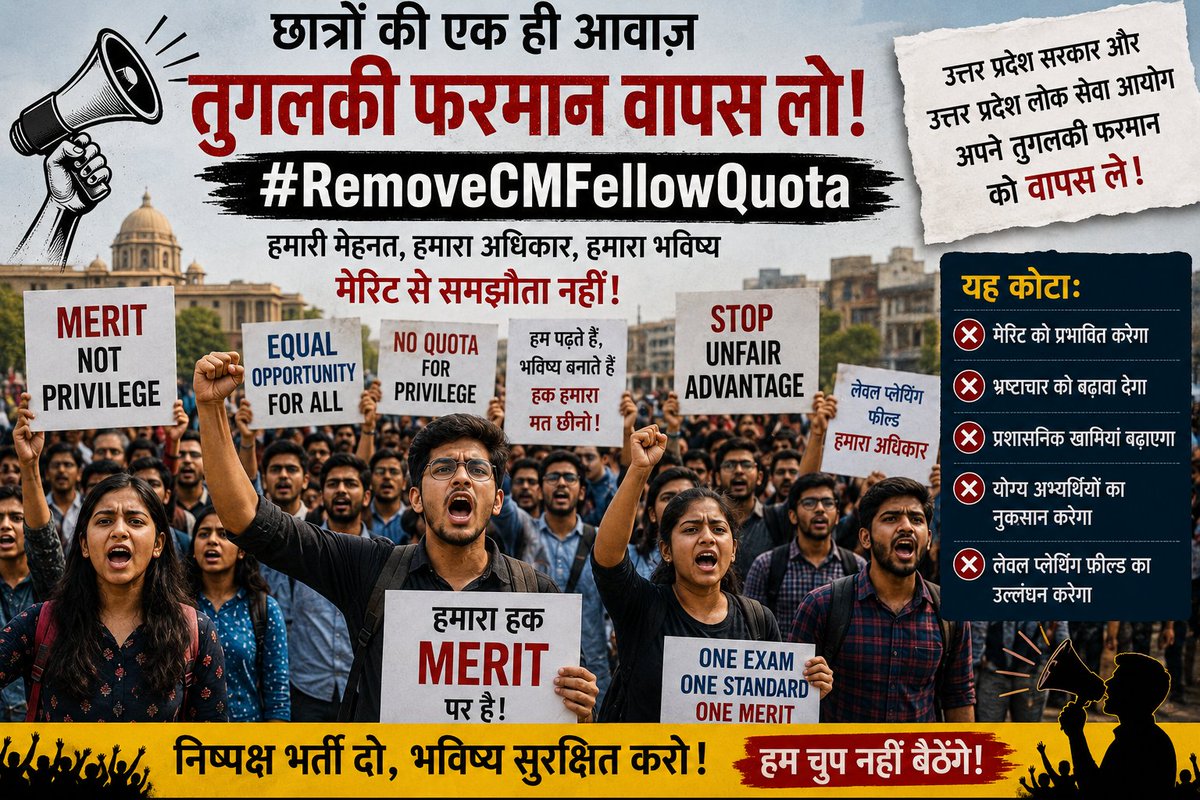 SamratJiii's tweet photo. @UPGovt @myogiadityanath @myogioffice @shalabhmani @OfficeOfKPM Increase administrative inefficiencies and loopholes.
• Harm the interests of deserving and hardworking candidates.
• Violate the principle of a level playing field.
#RemoveCMFellowQuota #SaveMerit #EqualOpportunity #UPPSC @kpmaurya1 @UPGovt https://t.co/Fv3eJkaAaK