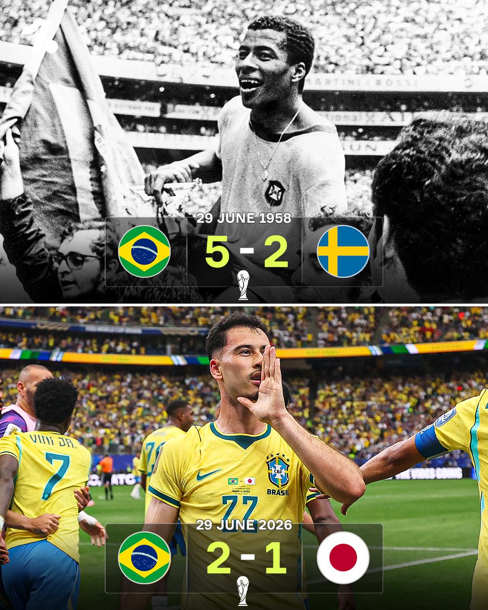 OneFootball's tweet photo. Brazil edge past Japan and progress to the Round of 16 on the 68th anniversary of their iconic first World Cup title of 1958 💚🏆📈

A great day all round to be a Brazil fan 🇧🇷 https://t.co/VmVlEMrgJv