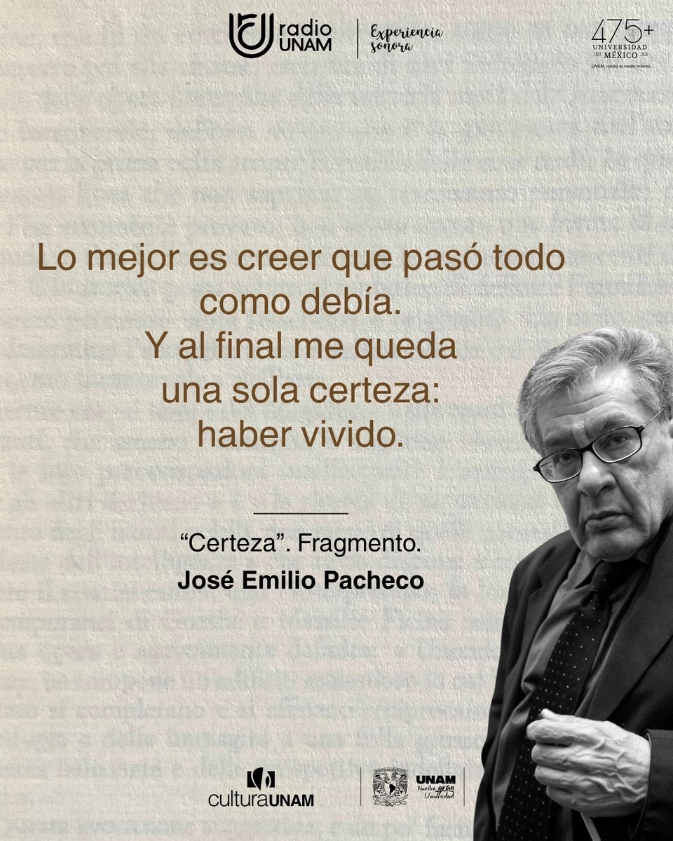 RadioUNAM's tweet photo. #RadioUNAMRecuerda que un día como hoy, en 1939, nació José Emilio Pacheco, entrañable escritor, poeta y ensayista mexicano. 📚
Su obra retrata la memoria, la nostalgia y las transformaciones de México en libros, poemas y crónicas que marcaron a generaciones. ✍️✨ https://t.co/95wYNPv5iL