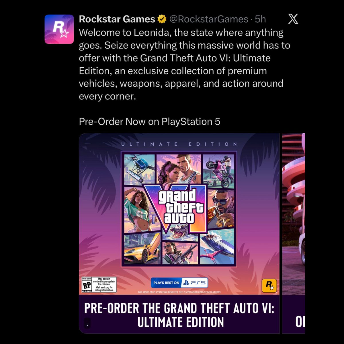gtasix_'s tweet photo. Rockstar Games has officially begun promoting GTA 6 on X.

The latest post promotes the Ultimate Edition while continuing to use the ‘Plays Best on PS5’ branding across its marketing materials. https://t.co/OTNLIMoxhP