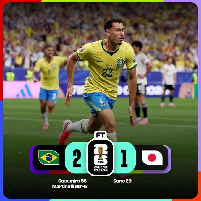 your_925's tweet photo. Brazil in last 16 after a hard-fought 2:1 win against a resilient Japan side, thanks to a 96th-minute goal from Arsenal's Gabriel Martinelli!!!!!

#YoVoiceUpdates https://t.co/QXbb3RMTVA