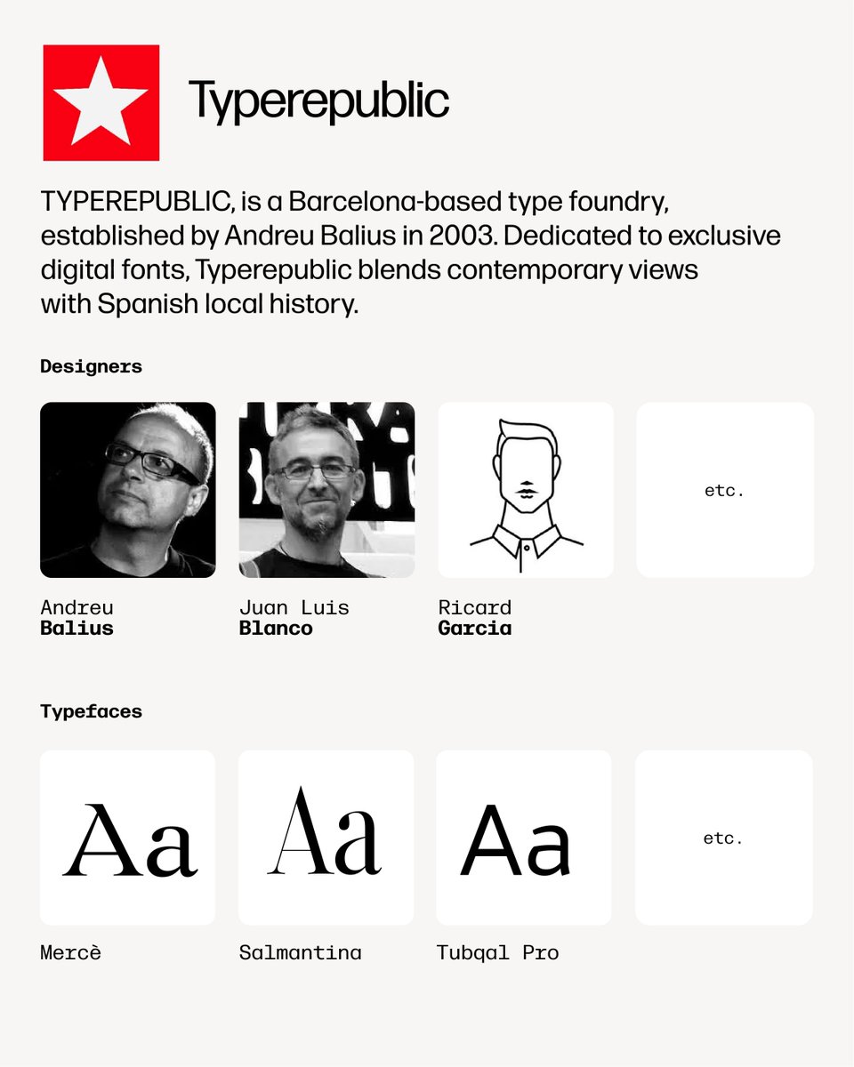 TypeNetwork's tweet photo. Now on Type Network: Typerepublic. Since 2003, the Barcelona-based foundry has created thoughtful typefaces that connect modern design with local cultural heritage.👉 Discover and license Typerepublic fonts at https://t.co/xnRltzZEpe https://t.co/dPC9t9Q3Mk