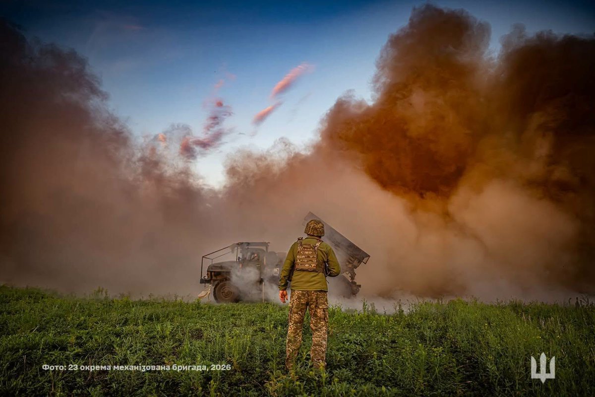 DefenceU's tweet photo. For some, this MLRS is a distant boom. For the gunners of the 23rd Separate Mechanized Brigade, it's daily work — endurance, a cool head, readiness to act.

Behind every mission stand people: those who prep it, drive it, run the calculations, hold comms, repair, and return it to the fight.

No role is small. Every one matters.

📷: @23rd_the318