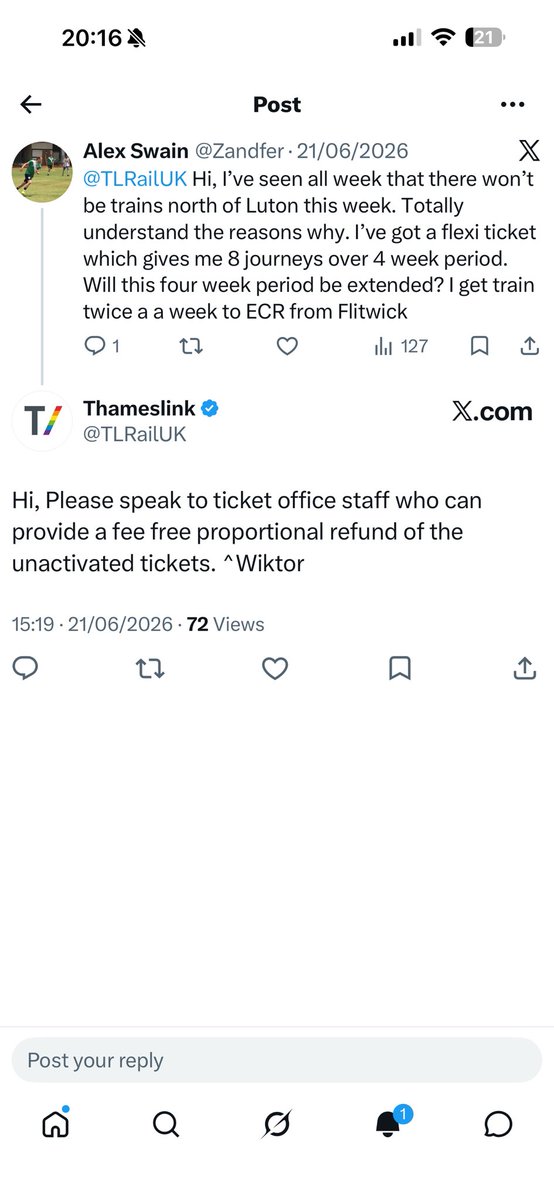 Zandfer's tweet photo. @TLRailUK This was your advice recently. May I ask why the Flexi Ticket advice has changed? Also I’m not convinced an infrequent bus service really was a suitable alternative. Especially as trains from Luton were also infrequent. https://t.co/wLQXavNfv6