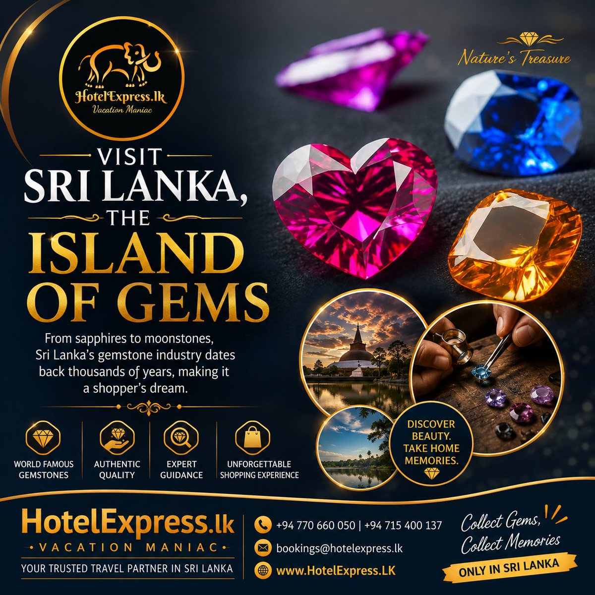 HotelExpress_lk's tweet photo. 💎 Did you know Sri Lanka is one of the world's finest gemstone destinations? Discover dazzling sapphires, rubies, and timeless treasures while exploring the Island of Gems. Visit https://t.co/pbjH6STwLM and book your unforgettable journey today! ✨ #SriLanka #Gemstones https://t.co/A10dbPglwV