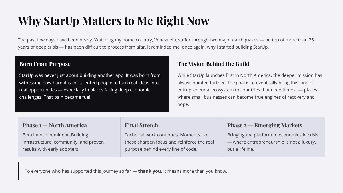 staruptech's tweet photo. The launch of StarUp MVP is days away, but recent events have reminded me of exactly why I started this journey.

Watching my homeland, Venezuela, face devastating earthquakes last week—on top of a 25-year economic crisis—has been incredibly difficult. But it reinforces my core mission.