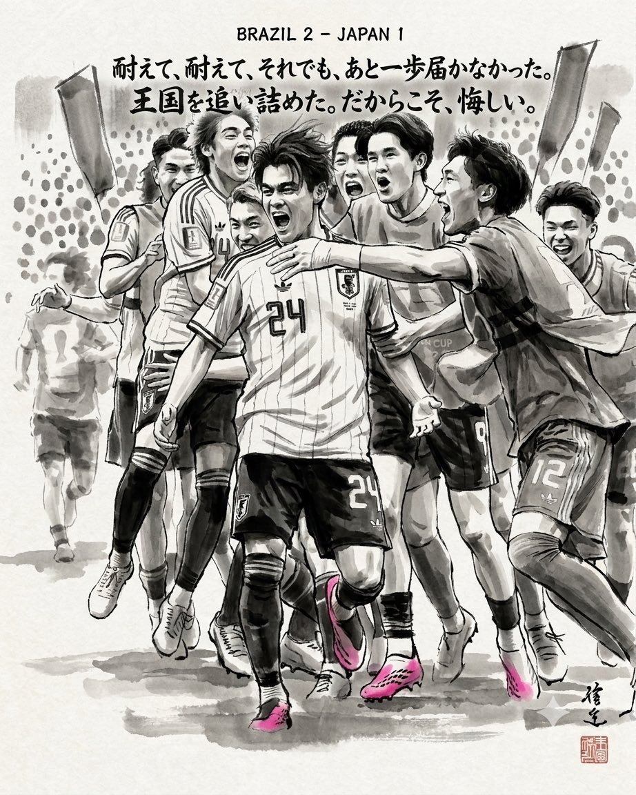 hagi_data's tweet photo. 日本代表はブラジル代表に1-2で敗戦。

とにかく耐えて、耐えて、耐えた。
それでも、あと一歩届かなかった。

たらればを言えばキリがないと思います。
ただ、王国ブラジルを相手に、日本が先に点を取り、最後まで食らいついたことは間違いない。

勝てなかった以上、足りないものがあったと思う。
終盤の一つの判断か。
決定機を仕留める精度か。
流れを引き寄せた後に、勝ち切るための経験か。

三笘、南野、遠藤、久保。
本来ならこの舞台で見たかった選手たちの不在も、どうしても頭をよぎる。

それでも、このチームはブラジルを追い詰めた。
世界の強豪と互角以上に渡り合える時間をつくった。
だから悔しいし、まだこの日本代表を観たかった。

日本代表、感動をありがとう。
この敗戦を、いつか「あの試合があったから」と言える景色につなげてほしいと思いました。

#サッカー日本代表
#SAMURAIBLUE
#FIFAワールドカップ
#FIFAWorldCup