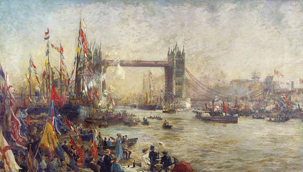 ofTheseIsles's tweet photo. 🇬🇧 Admiring William Lionel Wyllie's glorious oil painting commemorating the opening of Tower Bridge on 30th June 1894. 

After eight years of construction, London's now iconic bridge was first opened by Edward, the Prince of Wales, accompanied by his wife Alexandra and their son,  George, the Duke of York. 

Of Neo-Gothic design, Tower Bridge complements its surroundings, its architecture congruous with the nearby Tower of London. At the time of its opening, Tower Bridge was an exceptional example of British engineering, standing as the most sophisticated bascule bridge ever built. Despite each half weighing 1,200 each, the rapidity with which the bridge could be raised is due to the ingenious invention of Sir W. G. Armstrong, the hydraulic accumulator; coal-fired steam engines powered hydraulic pumps to pressurise water, which was then stored at a great height for quick release on the approach of a vessel. Naturally, Tower Bridge couldn't be opened without a demonstration of such an innovation: 'Daisy', the Harbour master's cutter, was the first ship to sail between her raised leaves.

#TowerBridge #London #OnThisDay #BritishHistory