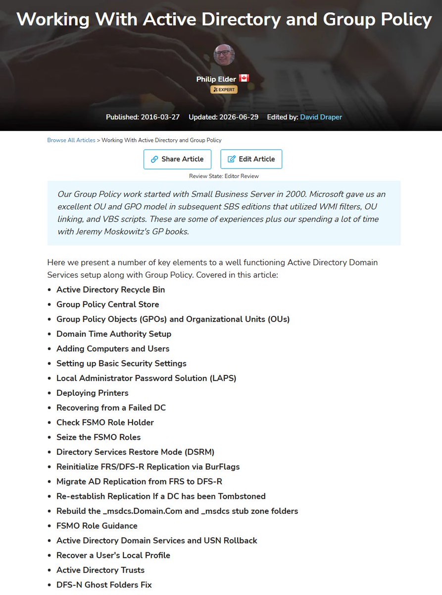 MPECSInc's tweet photo. YUGE ACTIVE DIRECTORY KNOWLEDGE REPOSITORY

I've been curating my Experts Exchange article on Active Directory and Group Policy for over 10 years now.

It's very thorough though I catch some things I may have missed over the years and add them such as the "Rebuild the _msdcs.Domain.Com Forward Lookup Zone and _msdcs stub zone" section.

https://t.co/W8GUgWKLIm 

Active Directory Recycle Bin
Group Policy Central Store
Group Policy Objects (GPOs) and Organizational Units (OUs)
Domain Time Authority Setup
Adding Computers and Users
Setting up Basic Security Settings
Local Administrator Password Solution (LAPS)
Deploying Printers
Recovering from a Failed DC
Check FSMO Role Holder
Seize the FSMO Roles
Directory Services Restore Mode (DSRM)
Reinitialize FRS/DFS-R Replication via BurFlags
Migrate AD Replication from FRS to DFS-R
Re-establish Replication If a DC has been Tombstoned
Rebuild the _msdcs.Domain.Com and _msdcs stub zone folders
FSMO Role Guidance
Active Directory Domain Services and USN Rollback
Recover a User's Local Profile
Active Directory Trusts
DFS-N Ghost Folders Fix

PING .@ExpertsExchange