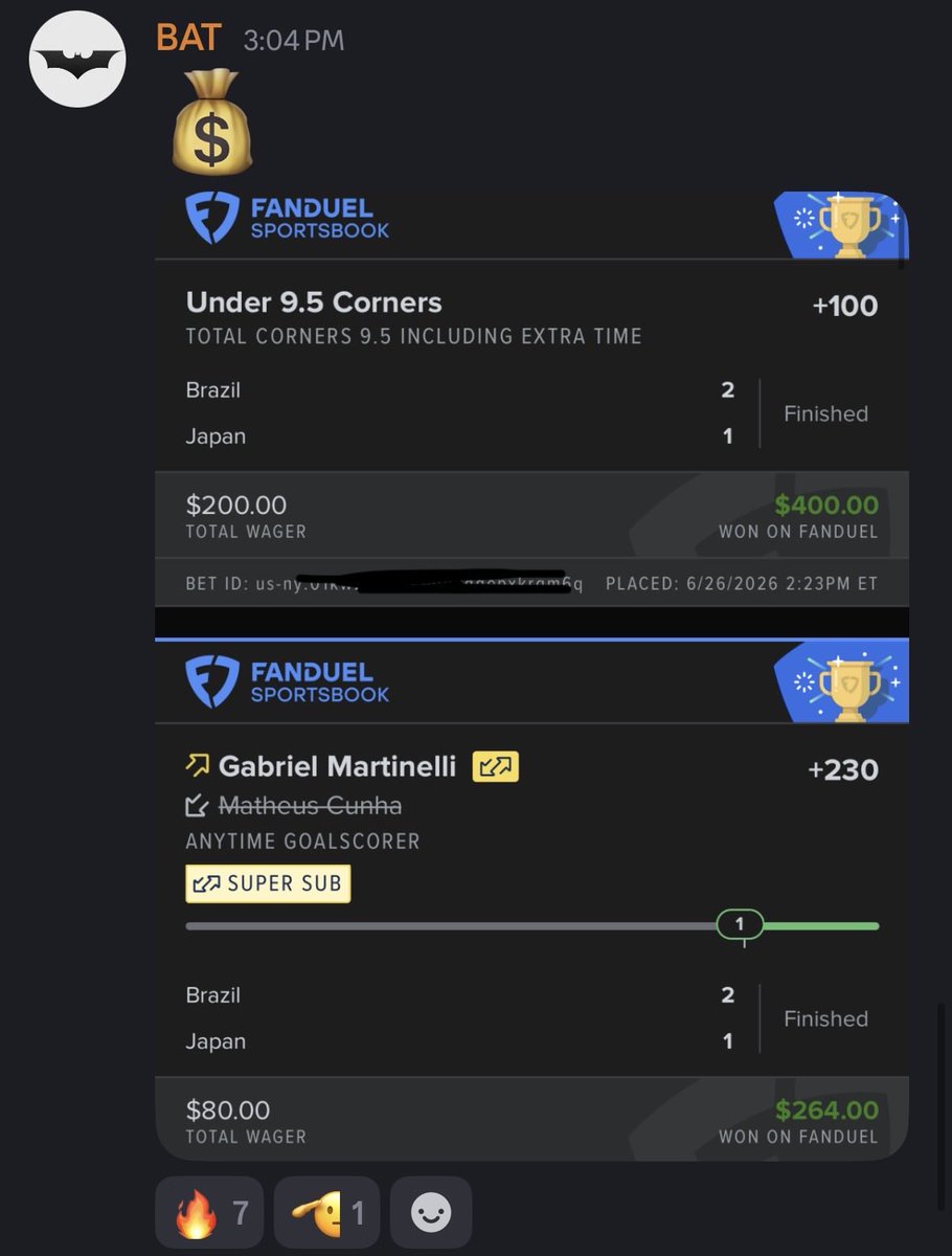 BatBetsEV's tweet photo. The discord cashing OUT of the Brazil/Japan match today! #fanduel #draftkings https://t.co/GPJPvYhL3I