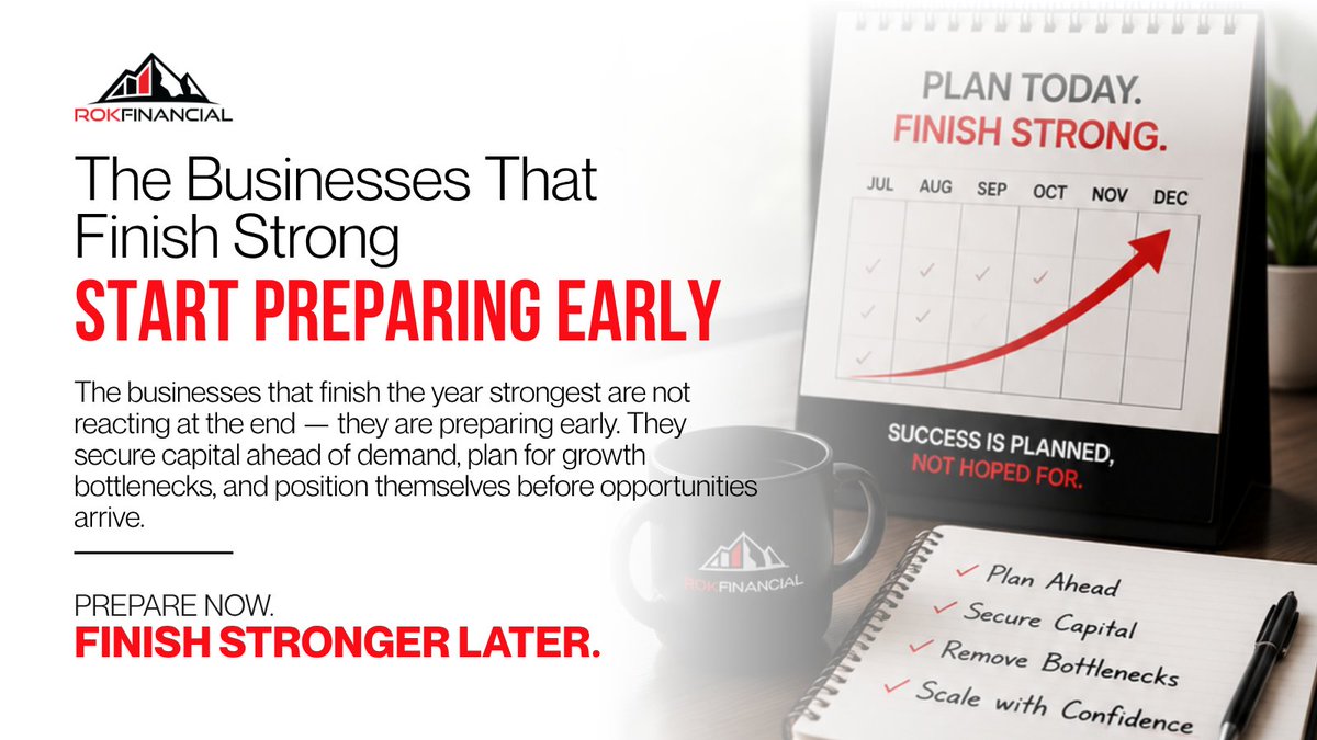 ROKFinancialLLC's tweet photo. The businesses that finish the year strong usually start preparing long before the pressure hits. 📅

Too many businesses wait until things get tight before making a move.

The smarter approach is positioning early so growth feels strategic, not reactive.

Preparation creates momentum. ⚡

What is your business doing now to prepare for the second half of 2026?