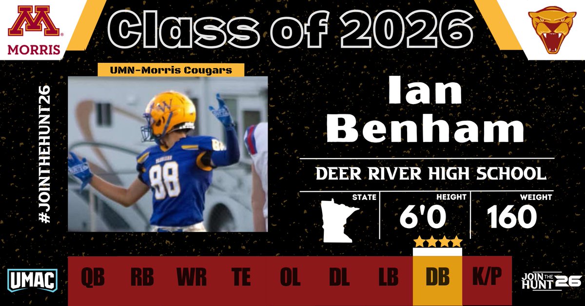 UMMFootball's tweet photo. 2026 DB Commit: Ian Benham (Deer River HS, MN) https://t.co/pXy96SvhWq