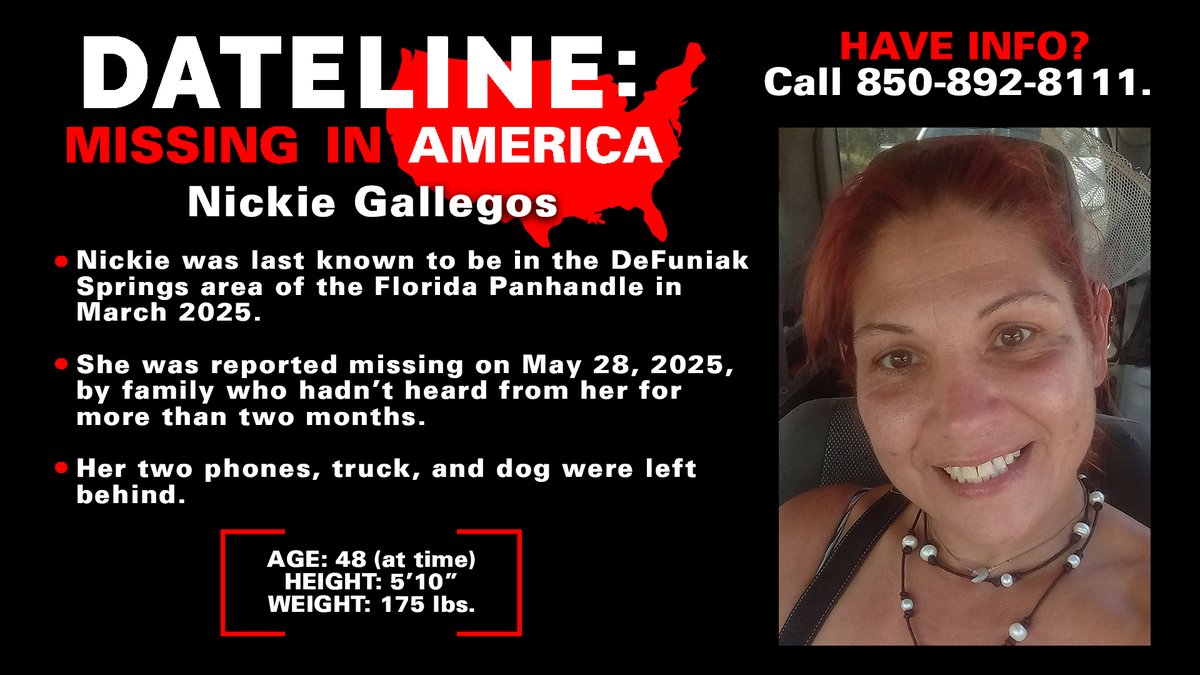 DatelineNBC's tweet photo. Nickie Gallegos has been missing from Florida’s Emerald Coast for over a year. Her loved ones have turned to social media for help and answers. #Dateline #MissingInAmerica https://t.co/TAdaF7NHNQ https://t.co/FLi79l1zdr
