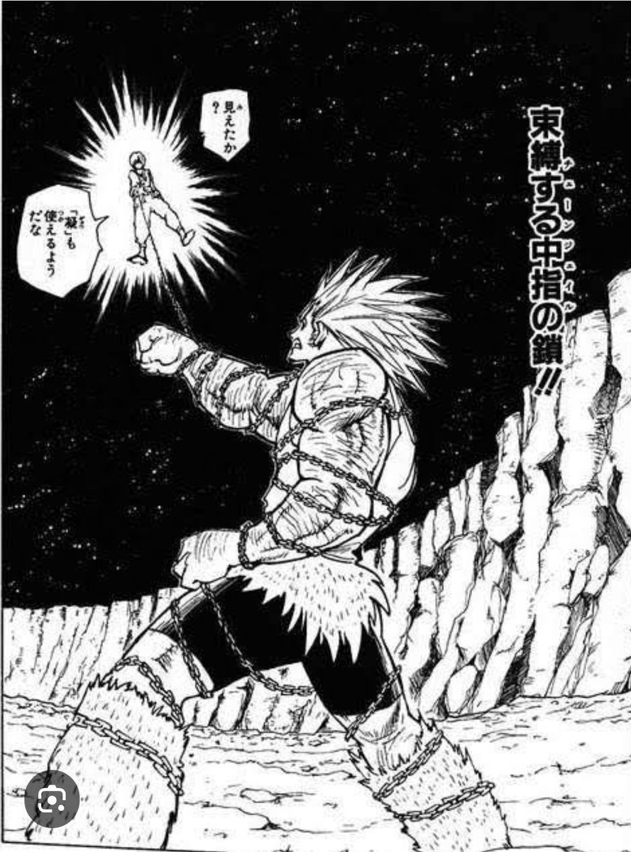 Ninjamax1986's tweet photo. ウボーががクラピカに束縛する中指の鎖（チェーンジェェイル）を巻かれて強制的に絶状態にされているのに
何故か凝を使えているので
孤高の天才冨樫義博先生でもうっかりミスはありますよね
任意で絶は念にしては万能過ぎてしっく��こないし
それか奪う人差し指の鎖が吸う見たくタイムラグあるのかね https://t.co/jgnWYZxLfw