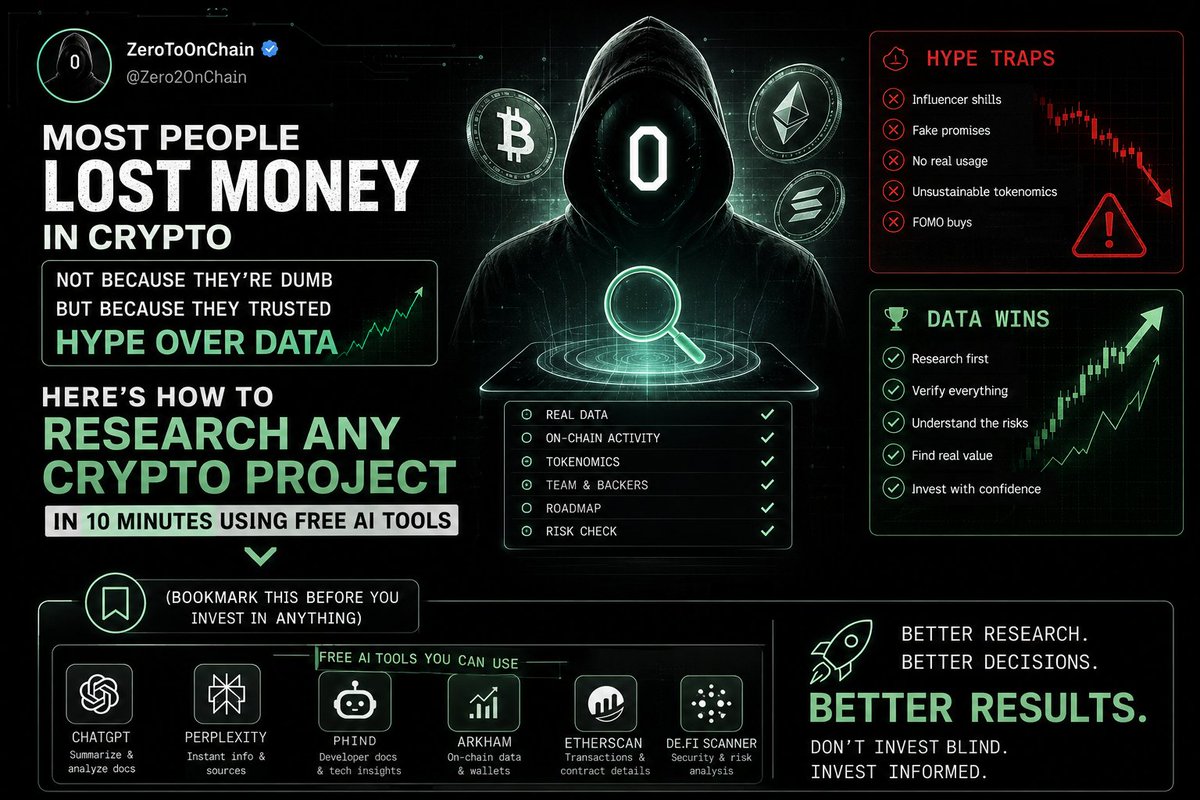 Zero2OnChain's tweet photo. Most people lost money in crypto not because they're dumb
But because they trusted hype over data
Here's how to research any crypto project in 10 minutes using free AI tools 👇
(Bookmark this before you invest in anything) https://t.co/CBR5iC4QTc
