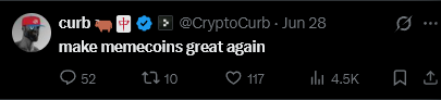 fadedentry's tweet photo. i genuinely don't know how nobody has made this yet.

"Make Memecoins Great Again" has quietly become the movement.

it's literally the slogan for the whole comeback.

it started with Ansem, now everyone is running with it.

the edits are everywhere on TikTok, retail is slowly coming back, and for the first time in a while people actually want to make memecoins fun again.

200k views, 26k likes:
https://t.co/oP6fo3Qeyf

it's bigger than one coin now, perfect runner for the whole movement.
https://t.co/KR31siuAIR