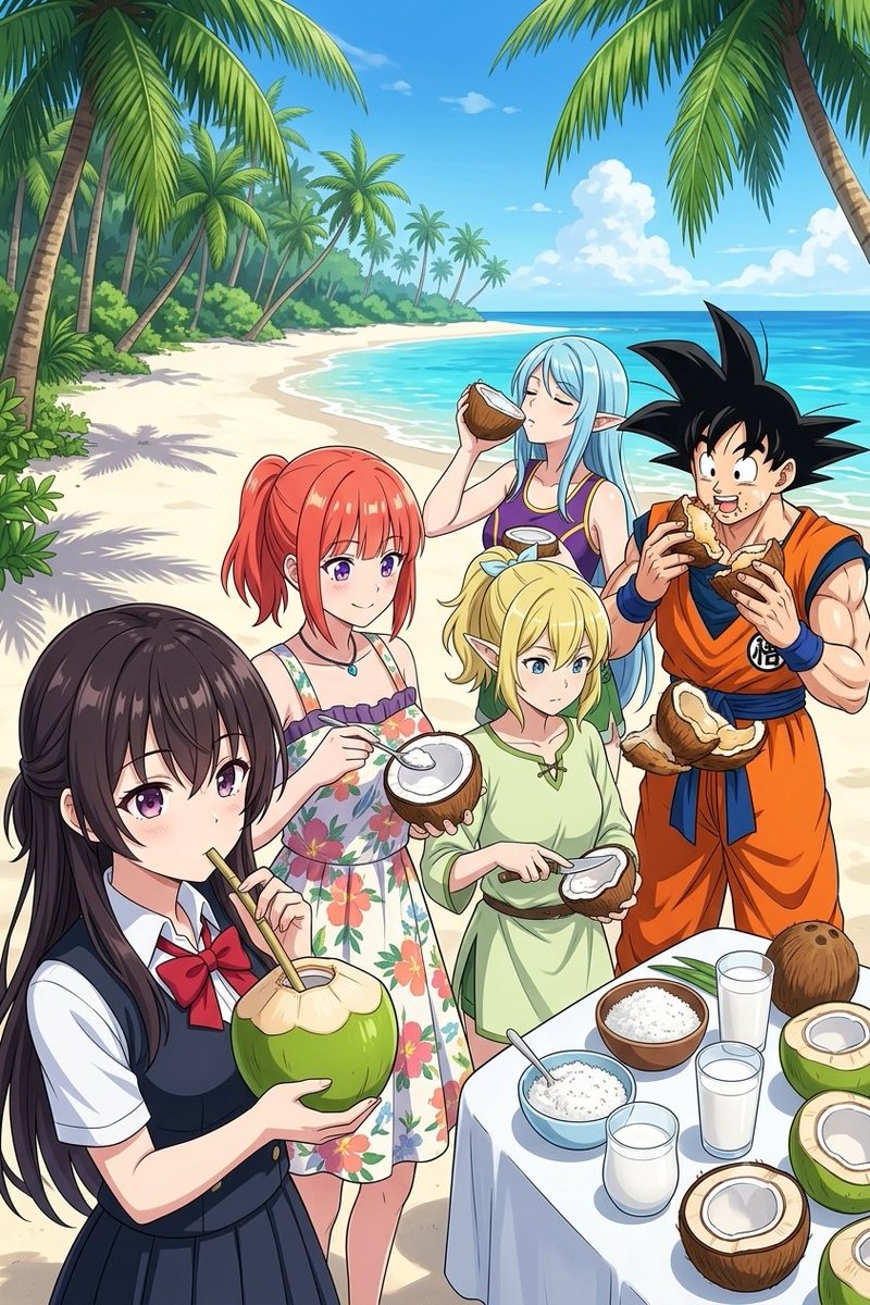 BrianJesusChav1's tweet photo. Frutas tropicales
Comiendo y bebiendo coco de diferentes maneras en un lugar tropical.
#AIArt #AIAnime #FrutasTropicales #DBS #KurumiTokisaki #Rem #NinoNakano #DanMachi #NarutoShippuden https://t.co/e1s3HWdefT