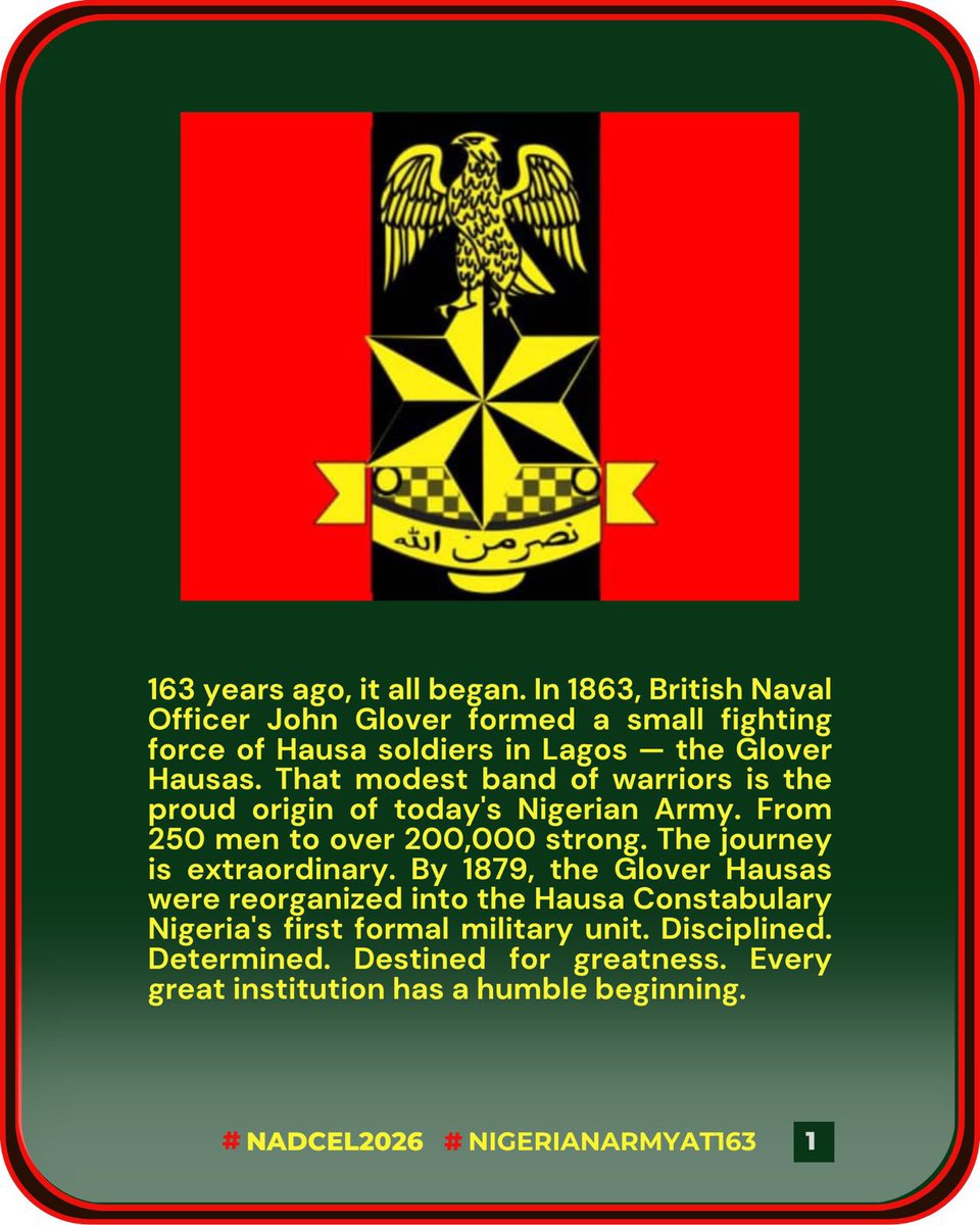 Psyche_break's tweet photo. 163 years of courage, sacrifice, and unwavering service to Nigeria.

Happy 163rd Anniversary to the Nigerian Army. We honor your dedication, resilience, and commitment to protecting the nation.

🇳🇬 #NADCEL2026 #NigerianArmyAt163 @HQNigerianArmy https://t.co/dibeiRbxVb