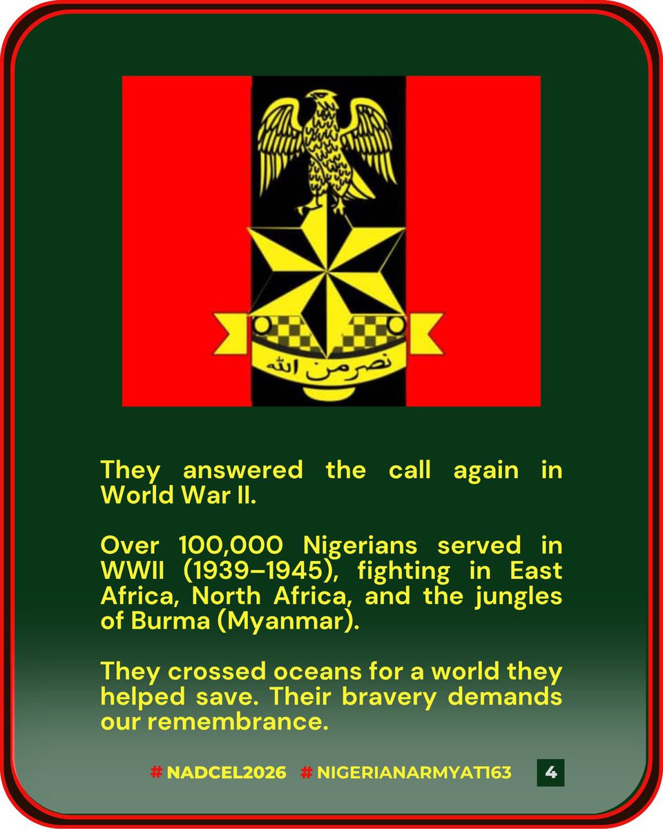 Psyche_break's tweet photo. 163 years of courage, sacrifice, and unwavering service to Nigeria.

Happy 163rd Anniversary to the Nigerian Army. We honor your dedication, resilience, and commitment to protecting the nation.

🇳🇬 #NADCEL2026 #NigerianArmyAt163 @HQNigerianArmy https://t.co/dibeiRbxVb