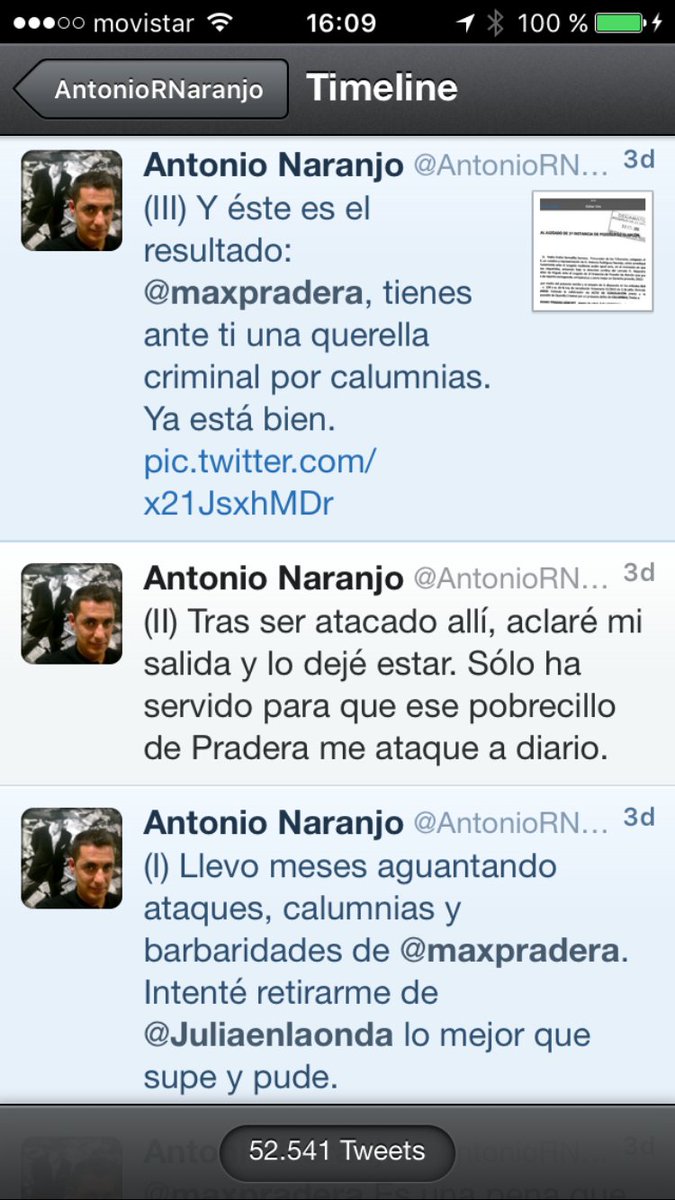maxpradera's tweet photo. Es típico de Mandarino, aka @AntonioRNaranjo, lo de tratar de amedrentar con querellas que luego no llegan al juzgado. Esta por calumnias (añadiendo «criminal», en su estilo "asustaviejas") acabó en pólvora mojada. Ahora le tengo puesta una demanda en Pozuelo.   Tic Tac...TIC TAC https://t.co/o9RvRNniNs