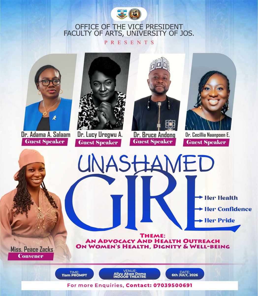 peace_zacks's tweet photo. Join us at UNASHAMED GIRL 2026 as distinguished health professionals lead conversations on women’s health, dignity, and well-being. Together, let’s break the silence, challenge the stigma, and empower a generation of confident women.
Don’t miss this opportunity. Come informed, leave empowered.

📅 Monday 6th July, 2026
🕚 11:00 AM Prompt
📍 Aliyu Akwe Doma Indoor Theatre

Her Health. Her Confidence. Her Pride. 💙💝
#FASAVP
#UnashamedGirl2026
#EndTheStigma
#WomenHealthMatters
#UniversityofJos