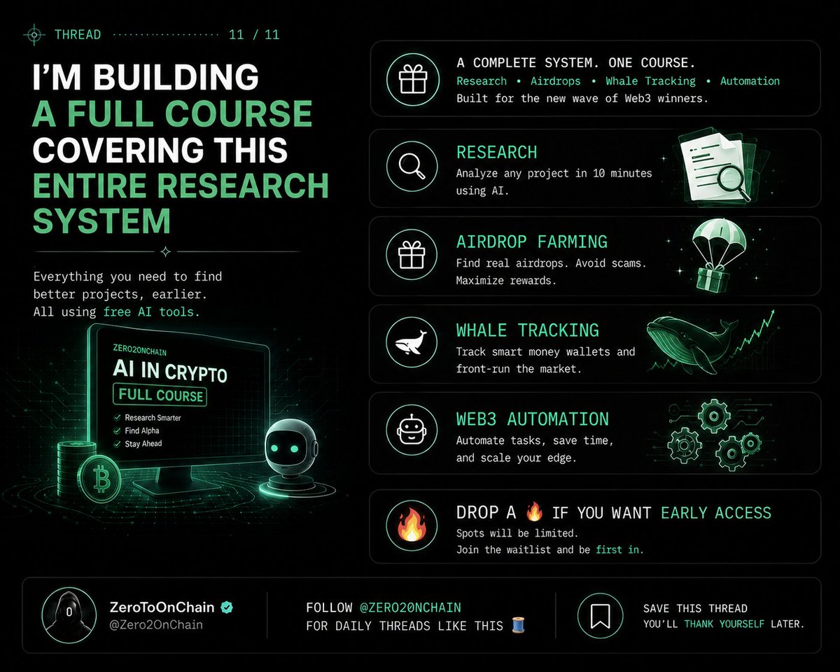 Zero2OnChain's tweet photo. I'm building a full course covering this entire research system
Plus airdrop farming, whale tracking and Web3 automation
All using free AI tools
Drop a 🔥 if you want early access
Follow @Zero2OnChain for daily threads like this 🧵 https://t.co/1mHZaNzYtd