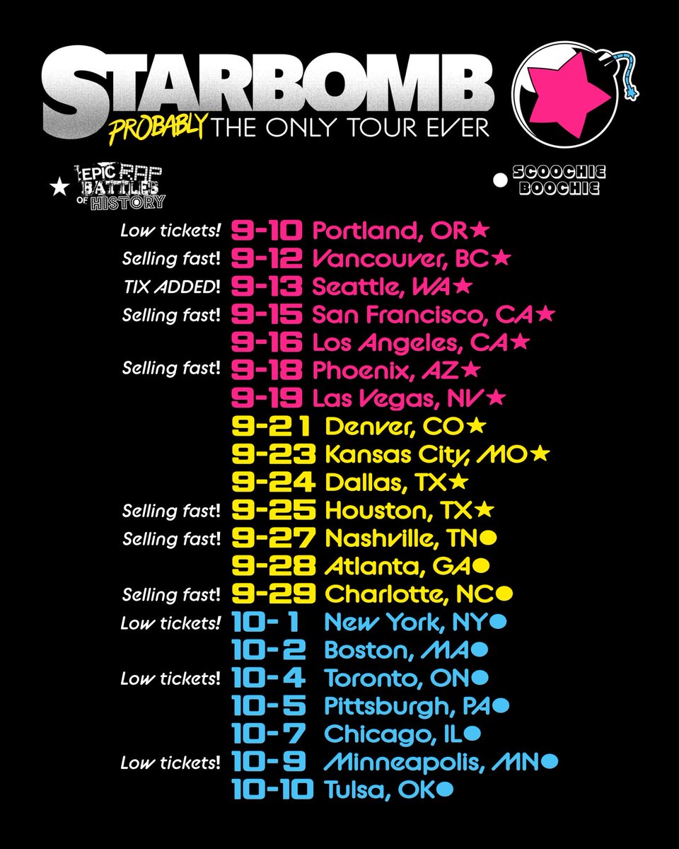 starbomb's tweet photo. SO MUCH IS HAPPENING. SEATTLE, we added tickets!! TORONTO, there’s less than ten tickets left!! Come see us and @ScoochieBoochie and @ERBofHistory!!!! https://t.co/9vpqCPURN1