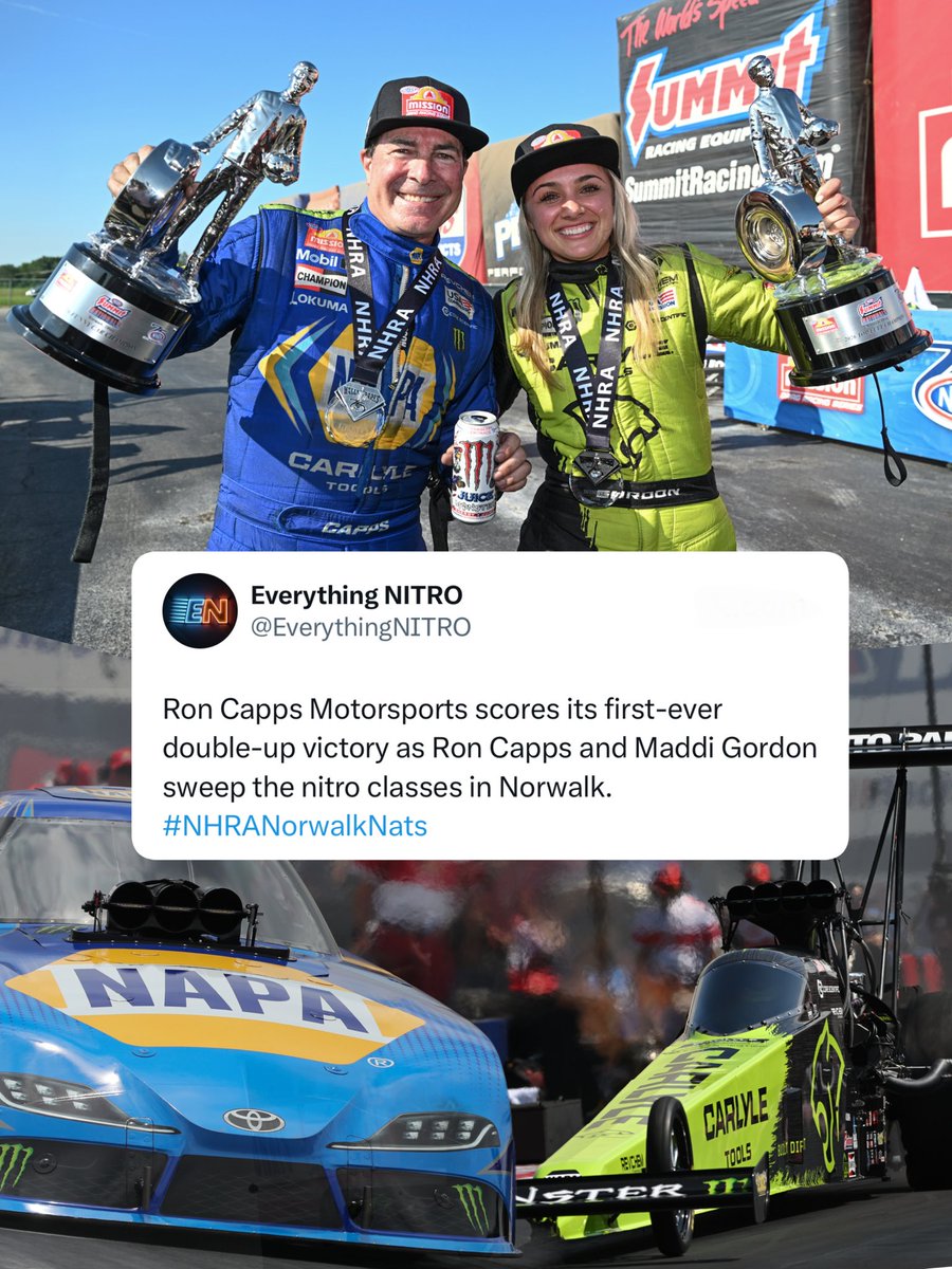 EverythingNITRO's tweet photo. History made in just 10 races. Maddi Gordon and @TeamRonCapps grab their first wins and seal the deal with a massive double-up victory in Norwalk!

#nhramissionfoodsdragracingseries #topfueldragster #nitrofunnycar https://t.co/y36zJGU7in
