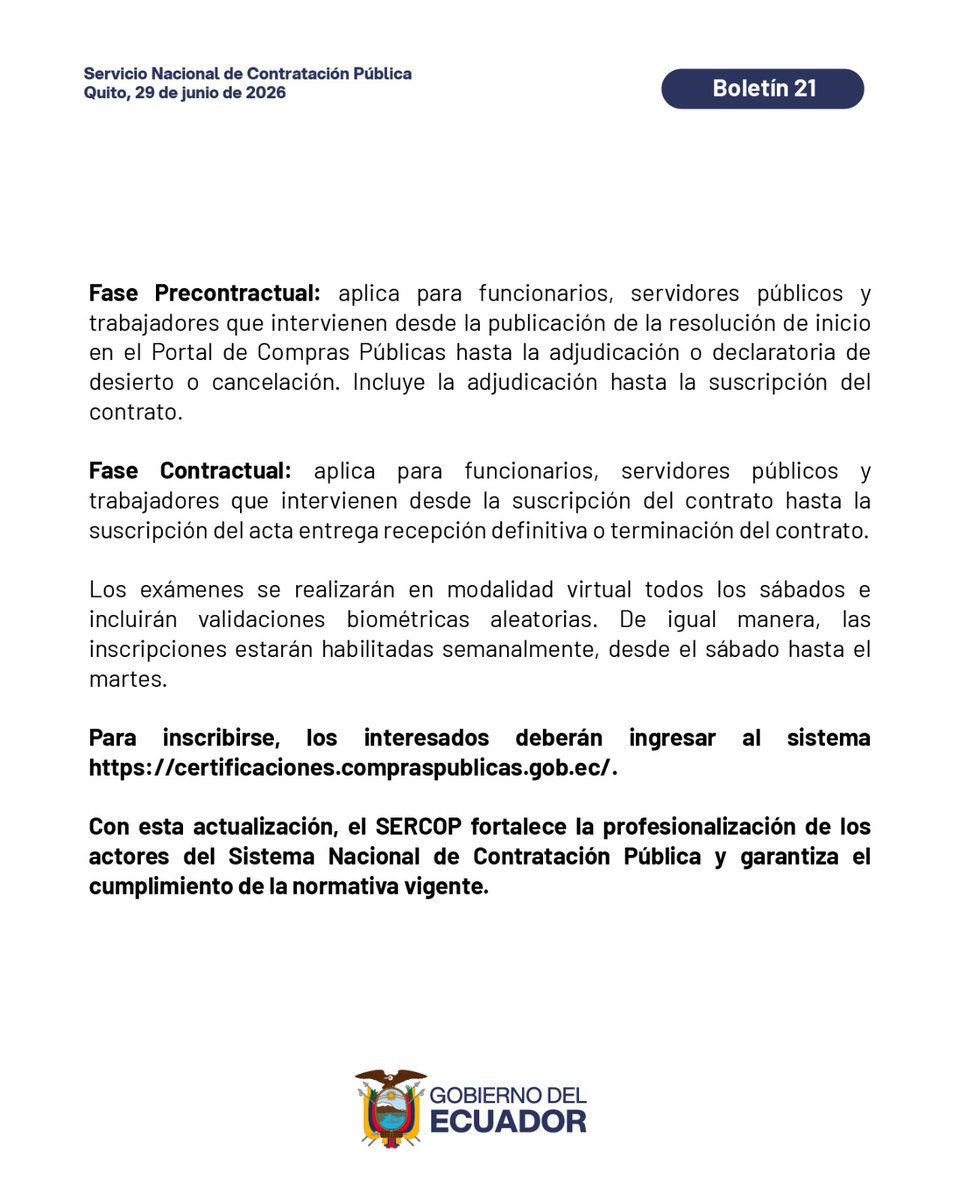 SERCOPec's tweet photo. #BOLETÍN 📄 | El SERCOP implementa la nueva modalidad de Certificación de Competencias por Fases para operadores del Sistema Nacional de Contratación Pública: https://t.co/Gjg1pAkOMN 

👨‍💻Esta modalidad contempla cuatro categorías, de acuerdo con las funciones y responsabilidades que desempeñan quienes intervienen en las distintas fases de los procedimientos de contratación pública.

🗓️La nueva modalidad de Certificación de Competencias por Fases entrará en vigencia el 4 de julio de 2026.