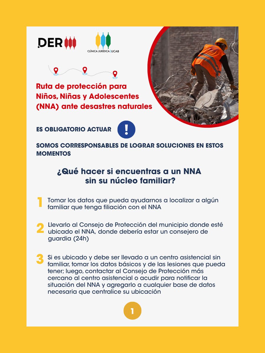 enlaucab's tweet photo. ¡Abre las imágenes!👇

Te presentamos la Ruta de Protección para NNA ante Desastres Naturales (Adaptación de Emergencia 2026).

Este es un valioso e indispensable aporte desarrollado por la Escuela de @DerechoUCAB y la Clínica Jurídica @CJuridicaUCAB.

El documento establece una guía legal y operativa clara para garantizar los derechos y el resguardo de los niños, niñas y adolescentes que queden separados de su núcleo familiar ante un terremoto o catástrofe natural.

Presenta de forma estructurada los órganos competentes, las medidas inmediatas, los mecanismos de excepción y los trámites posteriores necesarios para evitar el vacío jurídico y proteger a la infancia en contextos de emergencia.

Más detalles en📲https://t.co/D6uOHyGv8u
