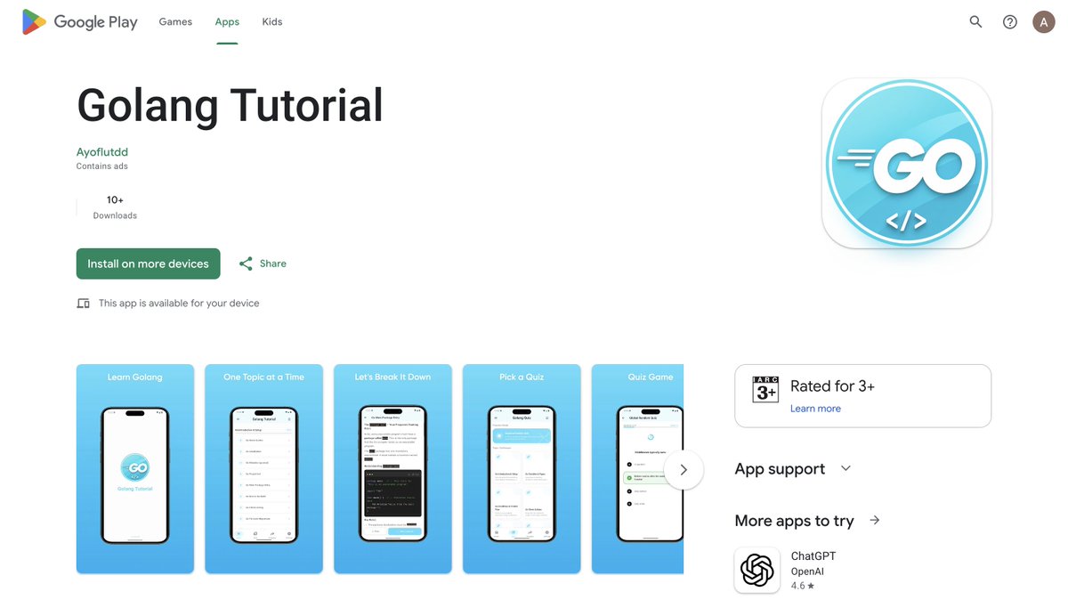 ayoflutdd's tweet photo. Just Launched - Golang Tutorial App on Google Play

Learn Golang from beginner to advanced with simple lesson and real examples. Perfect for anyone starting or leveling up their backend skills.

Download now:
https://t.co/8YYKRCGSgs

#Golang #GoLang #Programming https://t.co/Nu2MMdtd5F