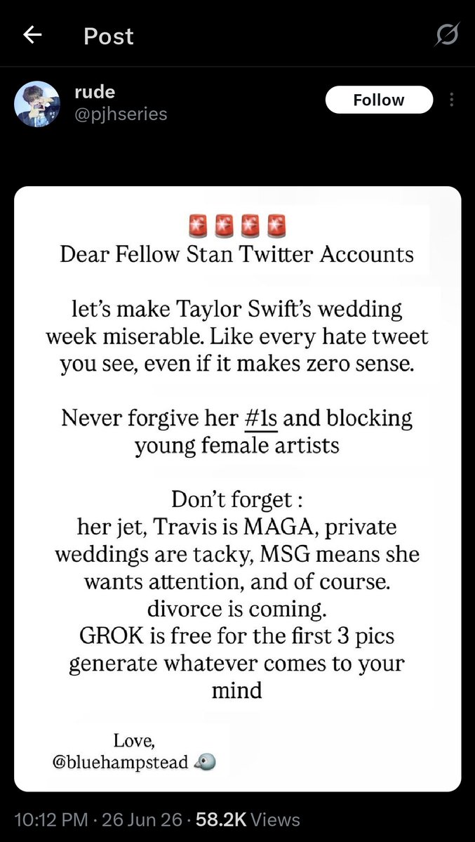 bejeweledpaige's tweet photo. Before you give any posts engement, be aware that people are intentionally spreading hate the week of the wedding. They're acknowledging it makes no sense and spreading made up talking points. They know it's bullshit; you don't need to convince them. Please do not engage! https://t.co/LqUSnvm9re
