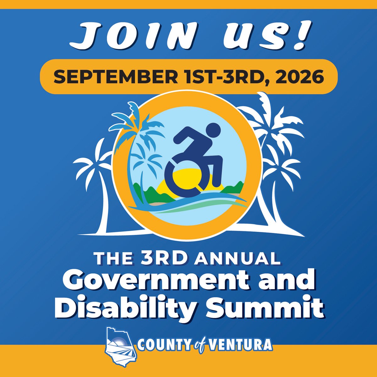 CountyVentura's tweet photo. ✨The California Government & Disability Summit is back!

Join us September 1–3 for this year's summit, "Access that Moves Us," where leaders, advocates, and community members from across California will come together to advance disability access through collaboration, innovation, and lived experience.

📢 Hotel reservations are now open! Visit the summit website to learn more https://t.co/7twqyL5hZh