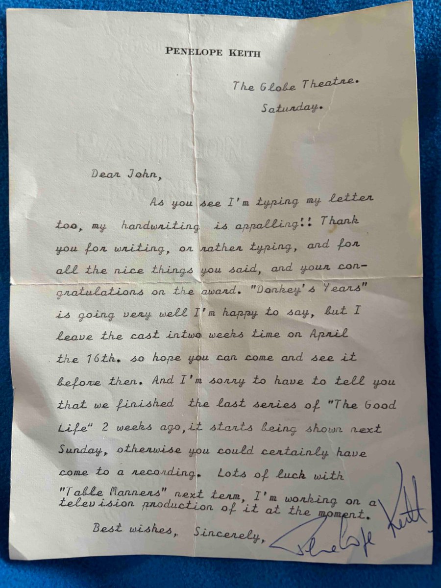 JohnPollock's tweet photo. Half a century ago, as a young schoolboy, I must have written to Dame Penelope Keith - her very kind reply - which by curious coincidence surfaced yesterday and I tucked into a copy of Dame Eileen Atkins memoir "Will She Do? Act One of a Life on Stage" I found last week in a hospital shop - speaks to something of her character & charm & kindness. We are so lucky in our theatrical Dames.

Her husband in 'The Good Life', the Quaker Paul Eddington, once said: 

"I think I would like my epitaph to be, 'He did very little harm.' And that's not easy. Most people seem to me to do a great deal of harm. If I could be remembered as having done very little, that would suit."

She did very little harm, too; indeed, like Paul Eddington, she brought much joy. 

"Our revels now are ended. These our actors,
As I foretold you, were all spirits and
Are melted into air, into thin air:
And, like the baseless fabric of this vision,
The cloud-capp'd towers, the gorgeous palaces,
The solemn temples, the great globe itself,
Yea, all which it inherit, shall dissolve
And, like this insubstantial pageant faded,
Leave not a rack behind. We are such stuff
As dreams are made on, and our little life
Is rounded with a sleep."

(Shakespeare, The Tempest)