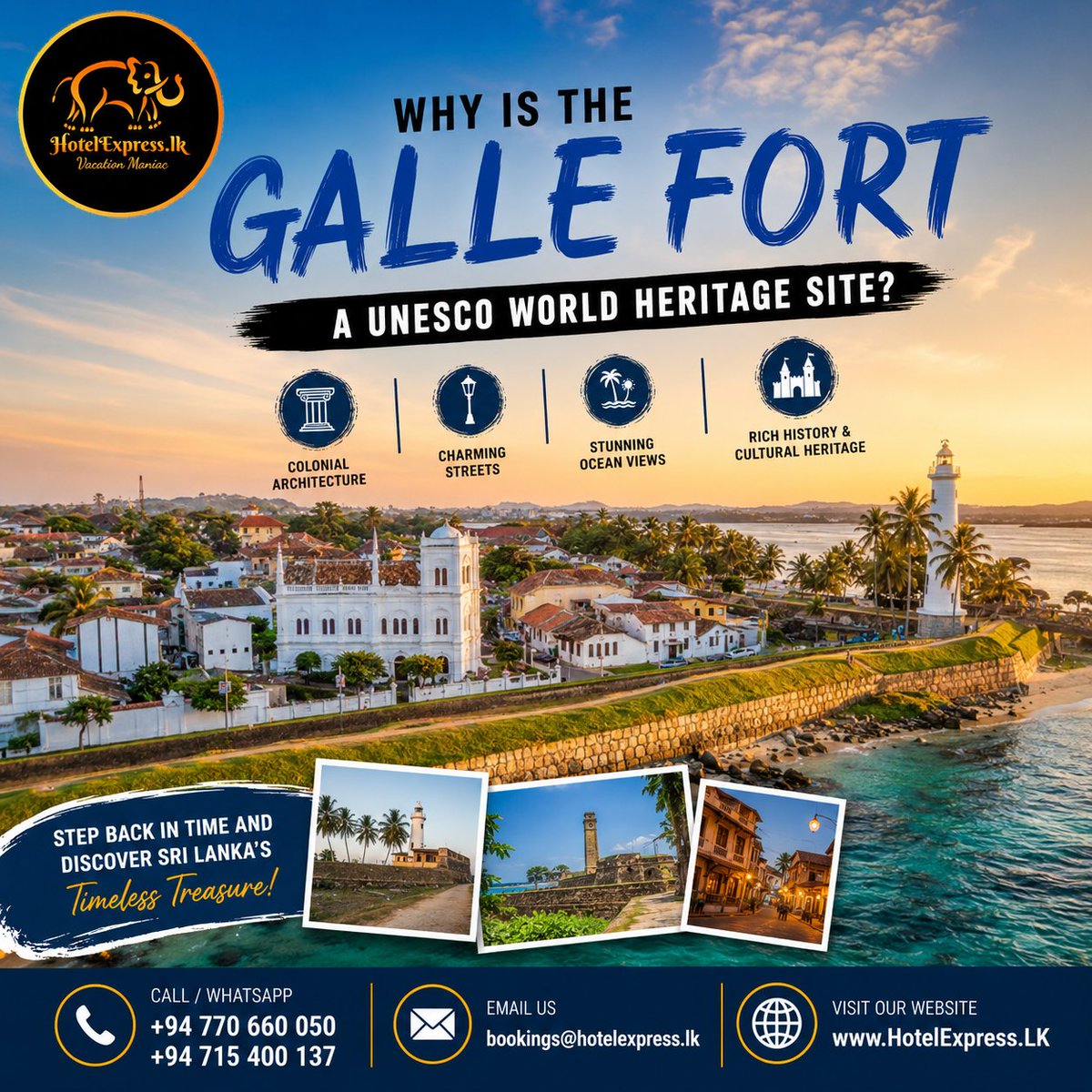HotelExpress_lk's tweet photo. 🏰 Step into 400 years of history at the iconic Galle Fort! Wander charming streets, admire colonial architecture, and soak in breathtaking ocean views at Sri Lanka's UNESCO World Heritage Site. Visit https://t.co/pbjH6SU4Bk and book your journey today! 🌊 #GalleFort #SriLanka https://t.co/xDdBUCrjwB